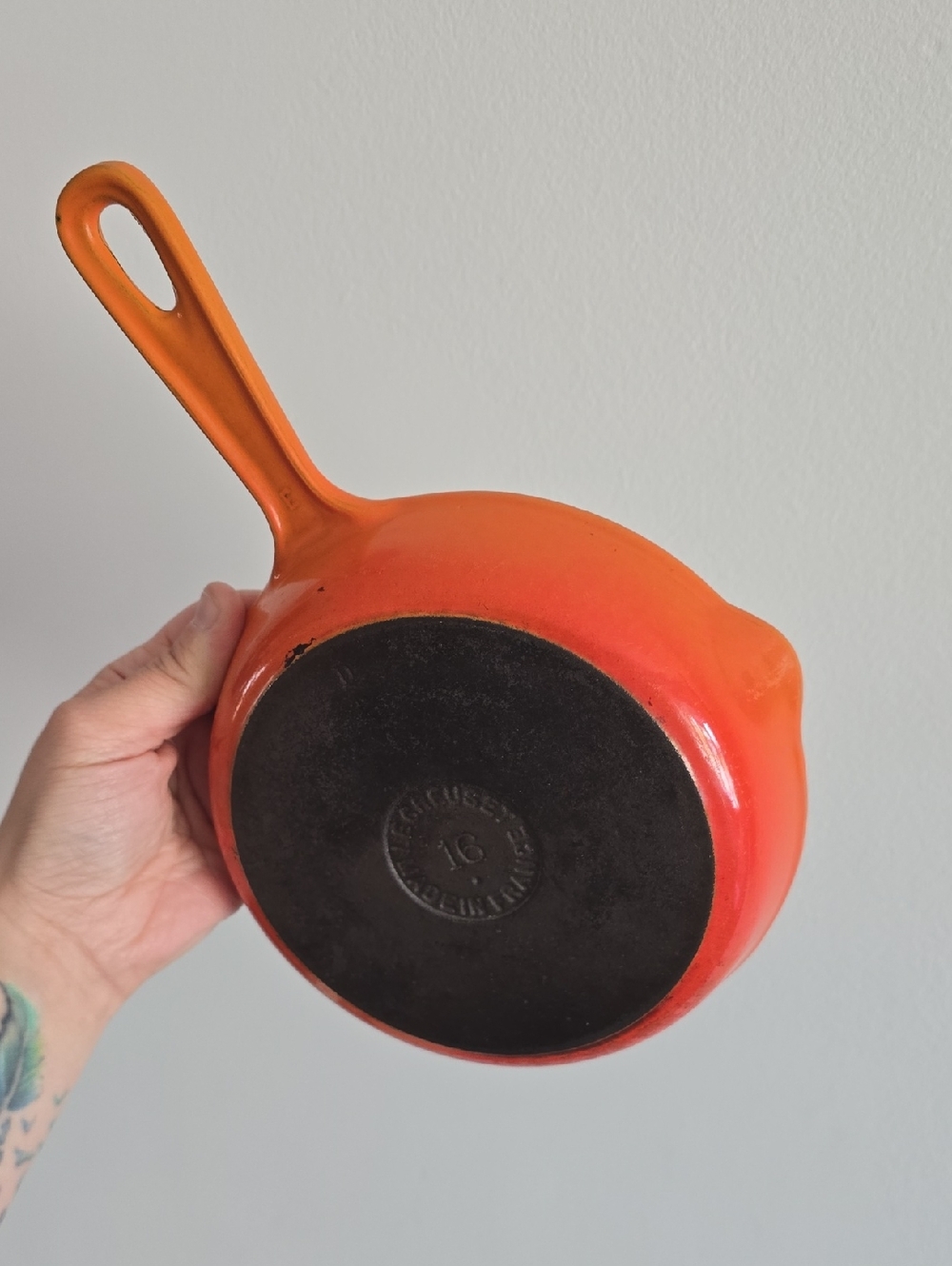 Vintage Le Creuset Orange Enameled Cast Iron Skillet - 16
